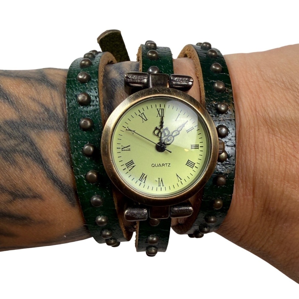 Vintage Boho Green Leather Studded Wrap Watch Bronze Roman Numeral Quartz